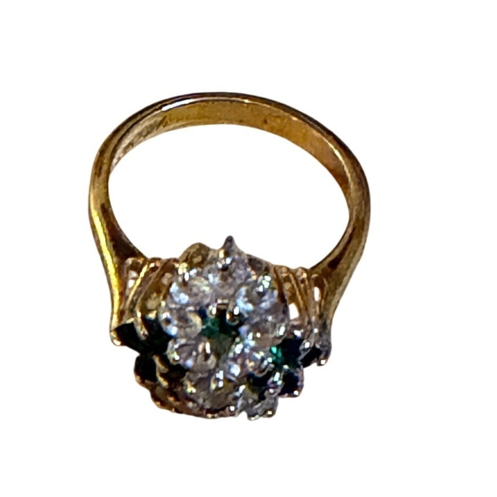 Vintage 14k Gold-filed GE  Green and clear Gemstone Cluster Ring Cocktail Size 7